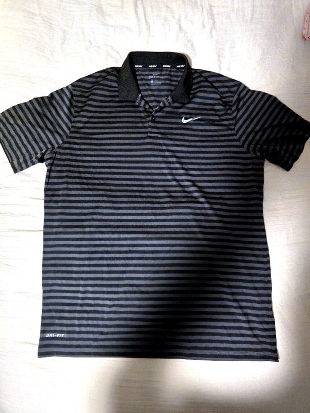 Nike Men's Black Gray Striped Polo Shirt, Short Sleeve, Swoosh Logo